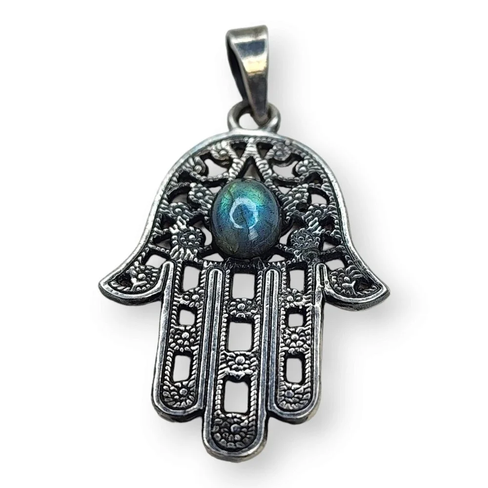 Vintage Hamsa Pendant Sterling Silver 925 Labradorite Blue Green 1.9